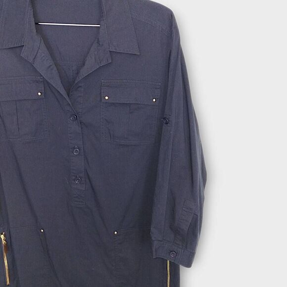 Ellen Tracy Shirt Dress Sz 14 Navy Tab Sleeves Gold Metal Button Front Lagenlook - Picture 5 of 9